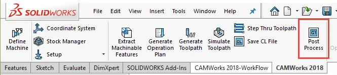Click on the Post Process button on the CAMWorks toolbar as shown below